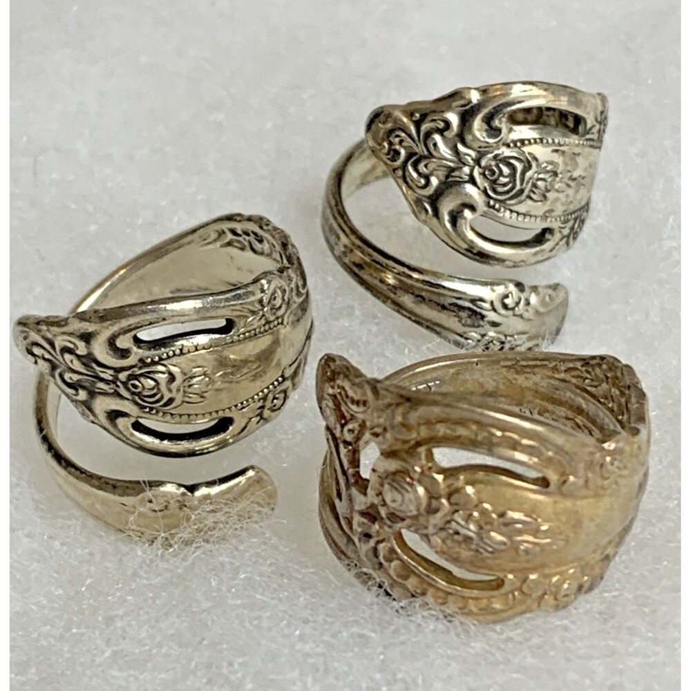 Vintage Oneida Spoon Ring Lot Sterling Silver & Silverplate Floral Rings 3pc